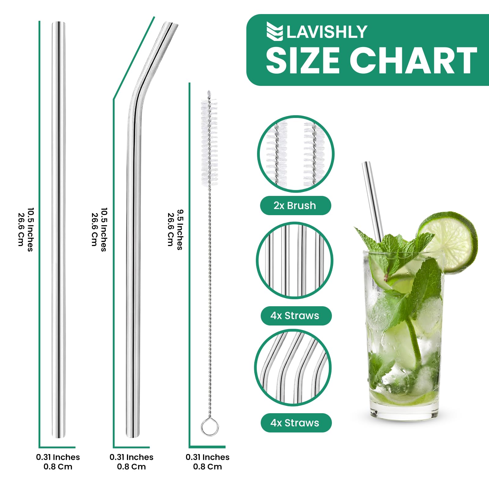 Lavishly Reusable Stainless Steel Metal Straws Set - 4 Straight & 4 Bent Straws + 2 Cleaning Brushes, Silver, 8 Pcs Set - Image 2