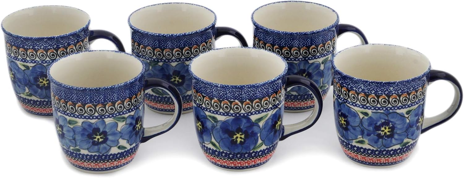 Polmedia Polish Pottery Set of Six 12oz Mugs 12 oz UNIKAT - Regal Bouquet Pattern Handmade in Boleslawiec Poland + Certificate of Authenticity