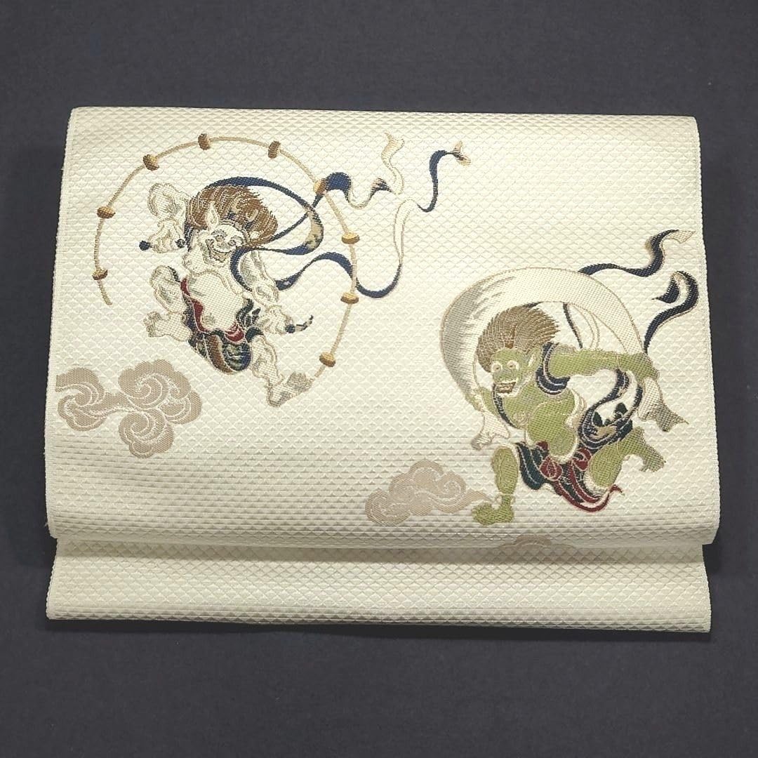 Amazon.co.jp: 名古屋帯 風神雷神 白 : ファッション 