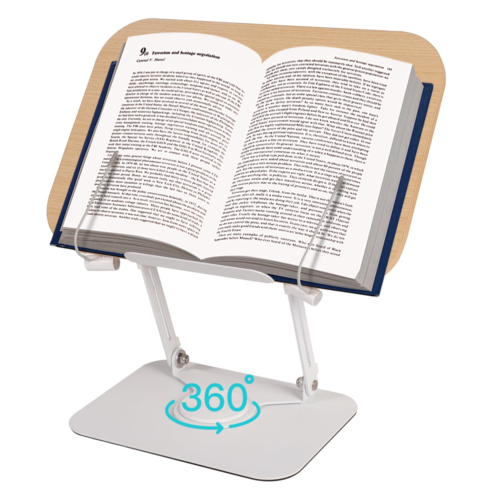 Book Holder for Reading, Adjustable Cookbook Stand with 360° Swivel Base Foldable Recipe Book Stand Portable Bookstands Document Holder with Page Clips for Tablet Office Textbook Kindle (Wood Color)