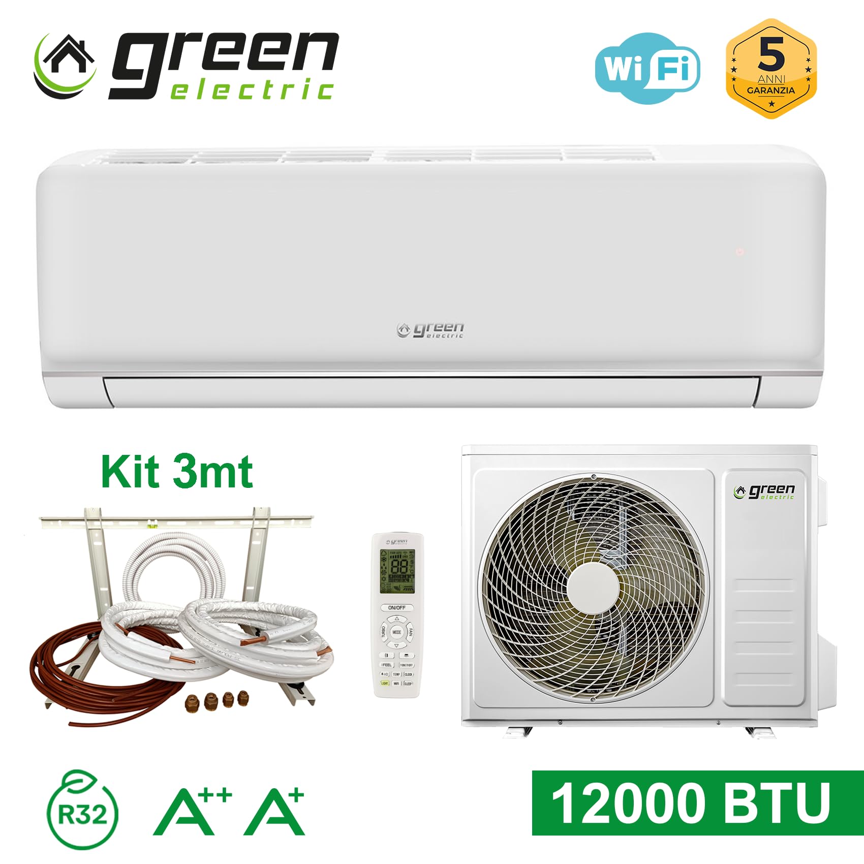 Plus Climatiseur Mono Split 12000 Btu Wifi avec Kit d'Installation 3 Mètres, Unité Intérieure et Unité Extérieure, Efficacité Énergétique A++/A+, 3,5 kW, R32
