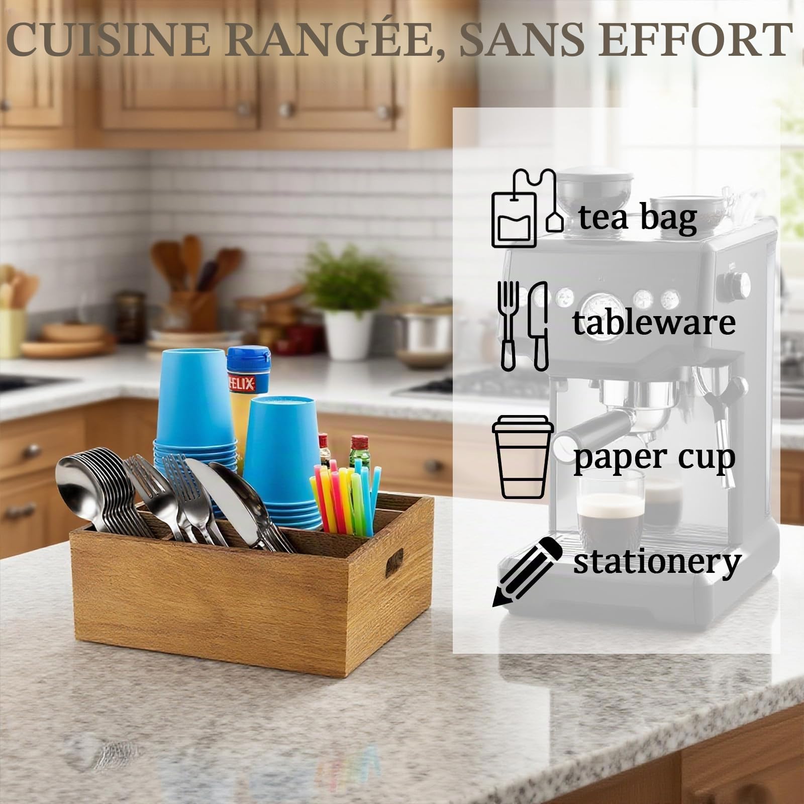 Porte Couverts Cuisine 2 Pcs, Range Couverts Bois Acacia 5 Cases