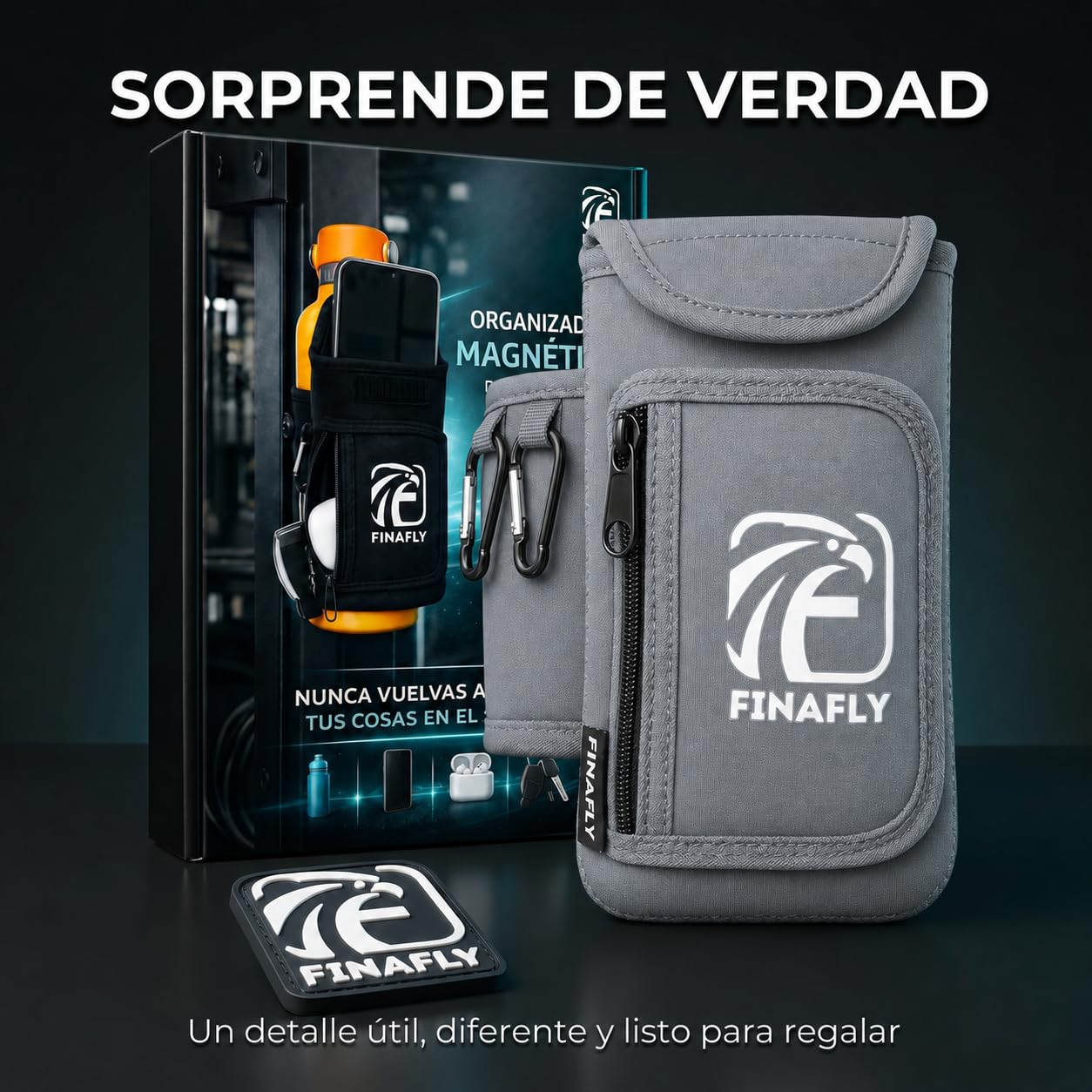 Bolsa Magnética Gym Gris – Organizador Magnético para Botella, Móvil, Llaves y Auriculares – Mochila Imantada Gimnasio con Imán Reforzado y Caja Regalo para Hombre y Mujer