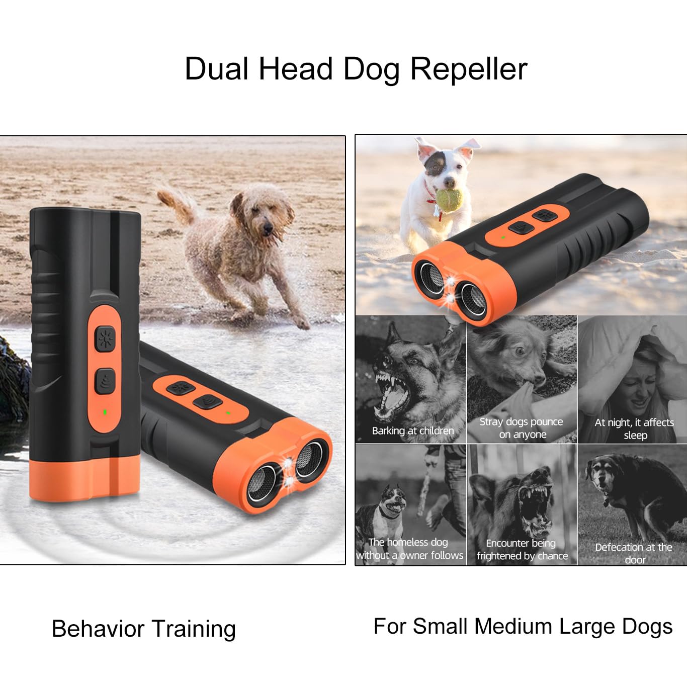 Dispositivo anti abbaio con repellente per cani ad ultrasuoni Torcia portatile Doppia testa ricaricabile Formazione comportamentale di lunga durata per cani indoor outdoor