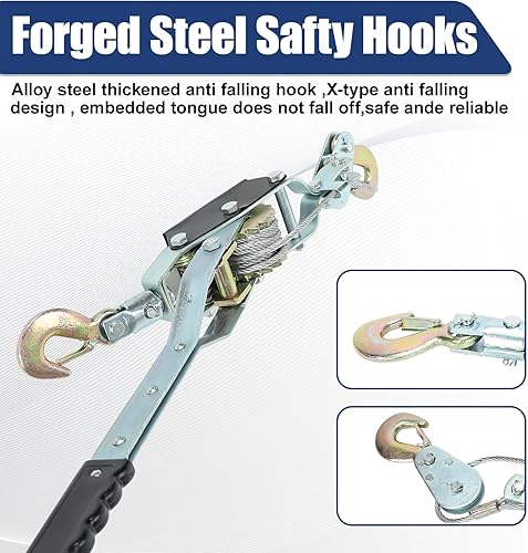 Miniatura 3 de Cable de acero resistente de 4 toneladas de trinquete de potencia de doble engranaje con 3 ganchos, viene con sistema de trinquete de engranajes