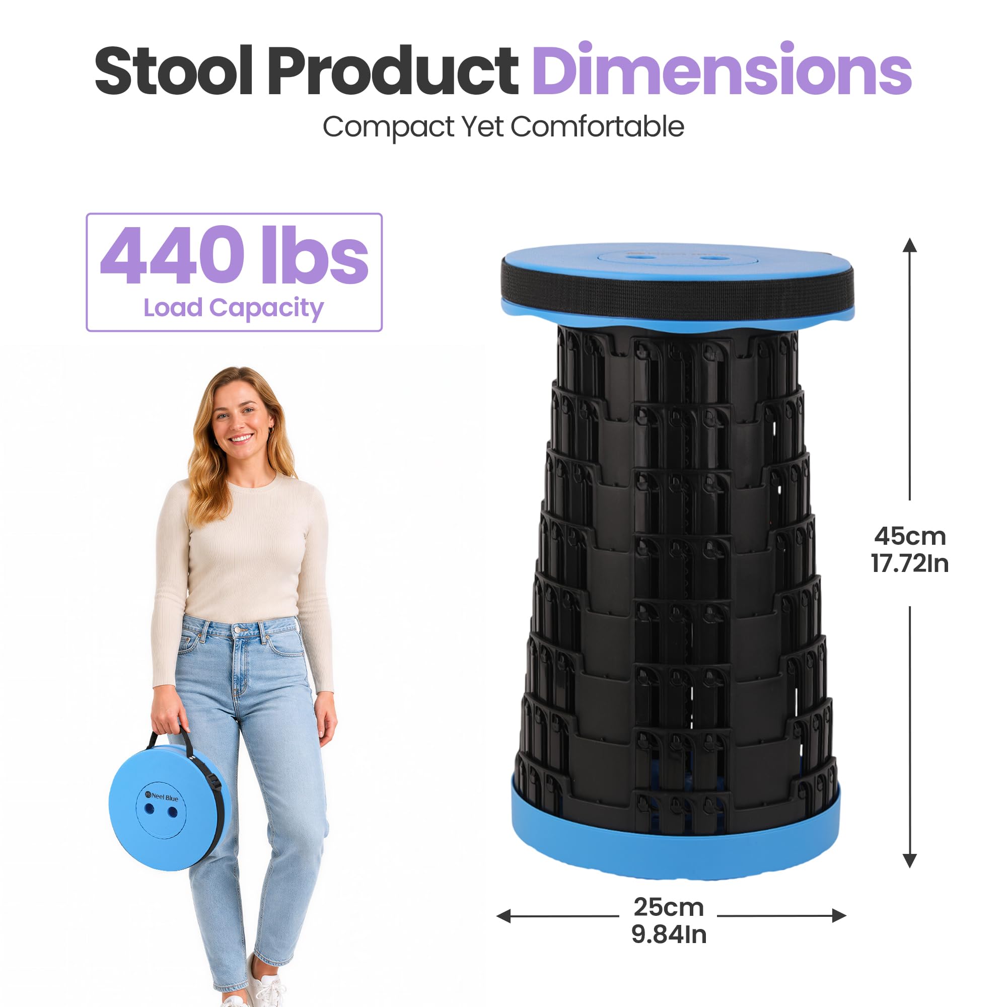 Event Decor Shop Tabouret de camping télescopique 200 kg – Bleu roi, 3 pièces | Siège réglable, tabouret rétractable en plastique haute résistance pour événements et activités en intérieur et en extérieur