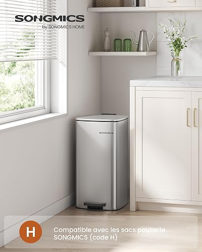 SONGMICS Kitchen Bin, 8-Gallon (30 L) Trash Bin, Stainless Steel Pedal Bin, with Inner Bucket, Soft Close and Stays Open, Metallic Silver LTB593E01 - 2