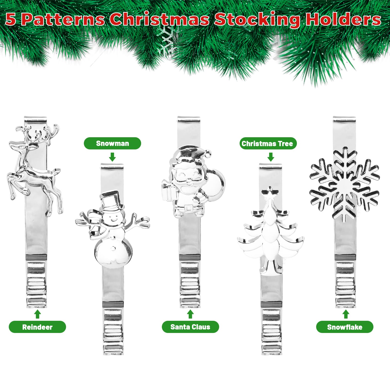 5 Pezzi Portacalze di Natale per Camino – Ganci di Metallo Antiscivolo con Fiocco di Neve Renna Pupazzo di Neve Babbo Natale Albero – Supporti Robusti per Calze Natalizie e Decorazioni Festive