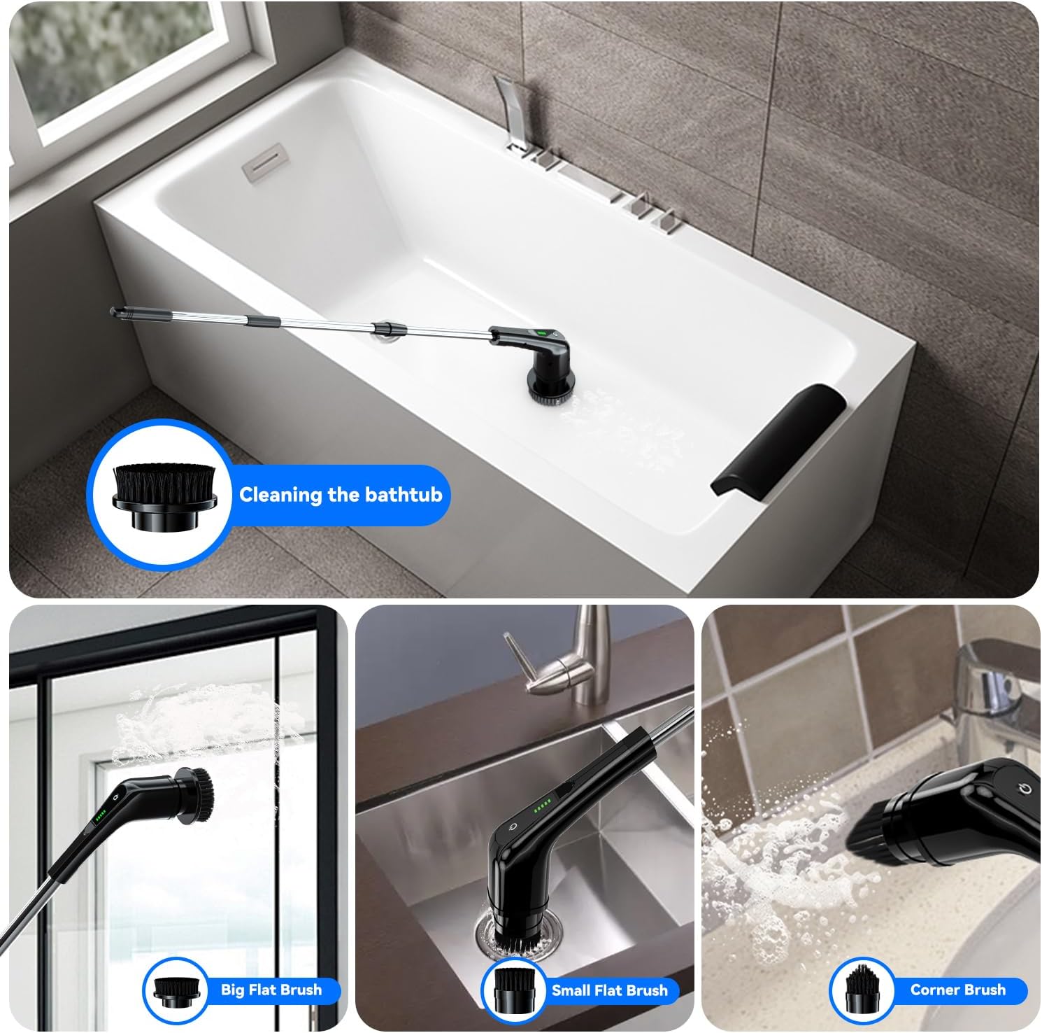 Electric Spin Scrubber,Bathroom Cleaning Brush with Long Handle 8 Replaceable Brush Heads, 2 Adjustable Speeds, Cordless Power Cleaning Brushes for Bathtub Grout Tile Floor