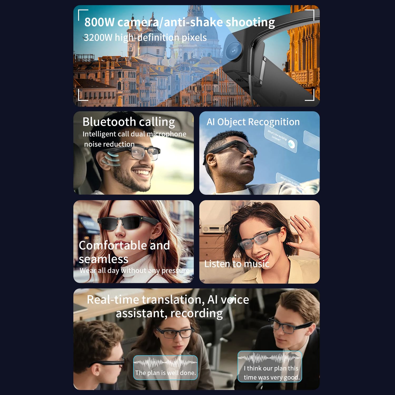 AI Smart Bluetooth-Brille mit Kamera - 8MP HD/1200P stabilisiertes Video/Foto | Echtzeit-Übersetzung | Anrufe & Musik | Sprachsteuerung für Outdoor & Reisen - Sonnenbrille