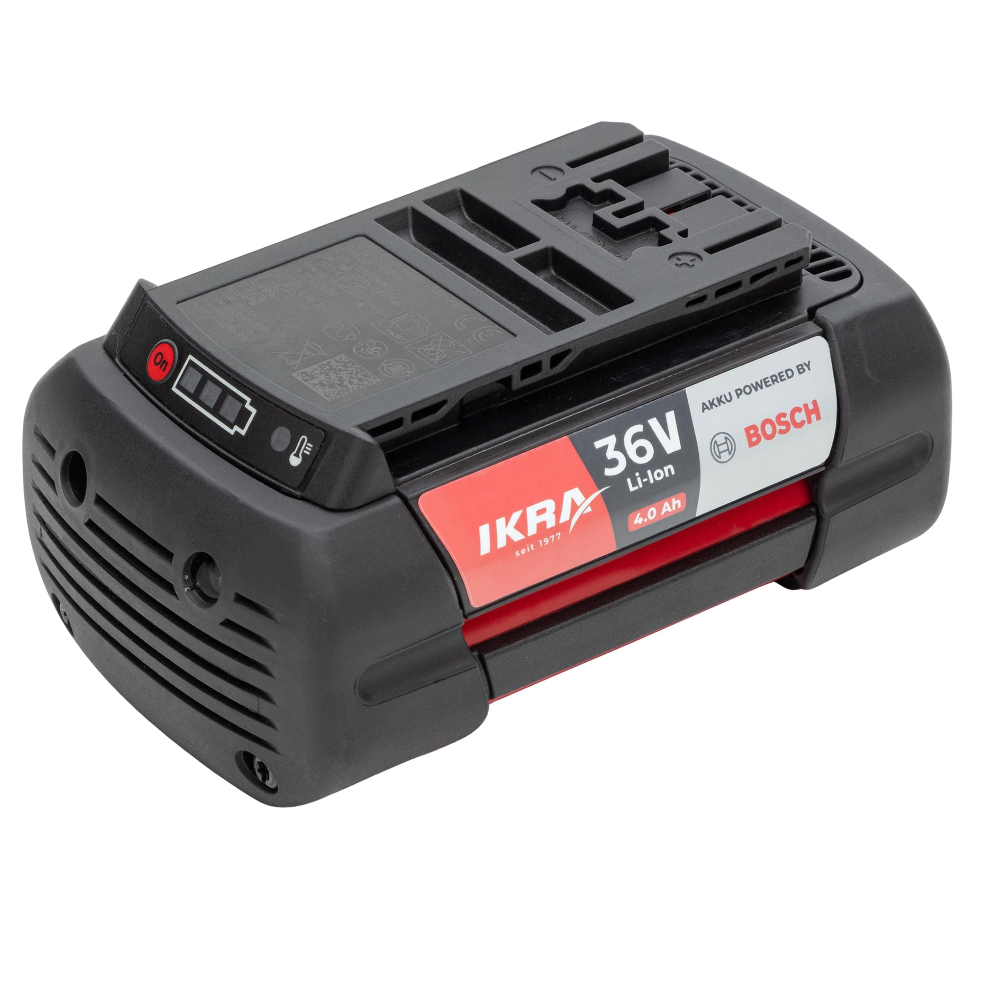 IKRA 36 Volt 4,0Ah Li-Ion Akku Ersatzakku Typ LI 28, Powered by Bosch | Made in Europe, mit Bosch COOLPACK-Technologie, LED-Anzeige, 144Wh, kompatibel mit Bosch 36V Geräten