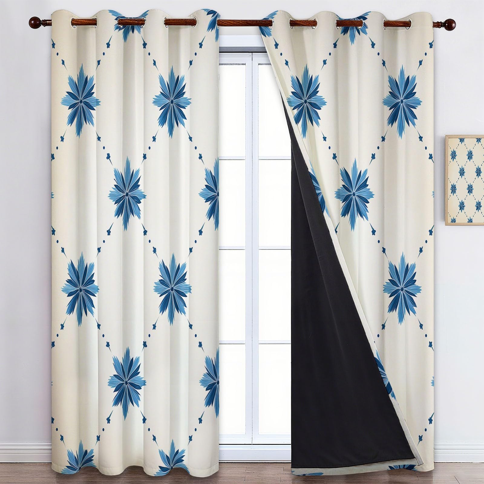 Cortinas Opacas 2 Piezas Patrón De Estrella Retro, Cortinas Salon Cortinas Termicas aislantes Frio y Calor con Ojales para Habitacion Infantil Dormitorio, Beige, 117 x229 cm