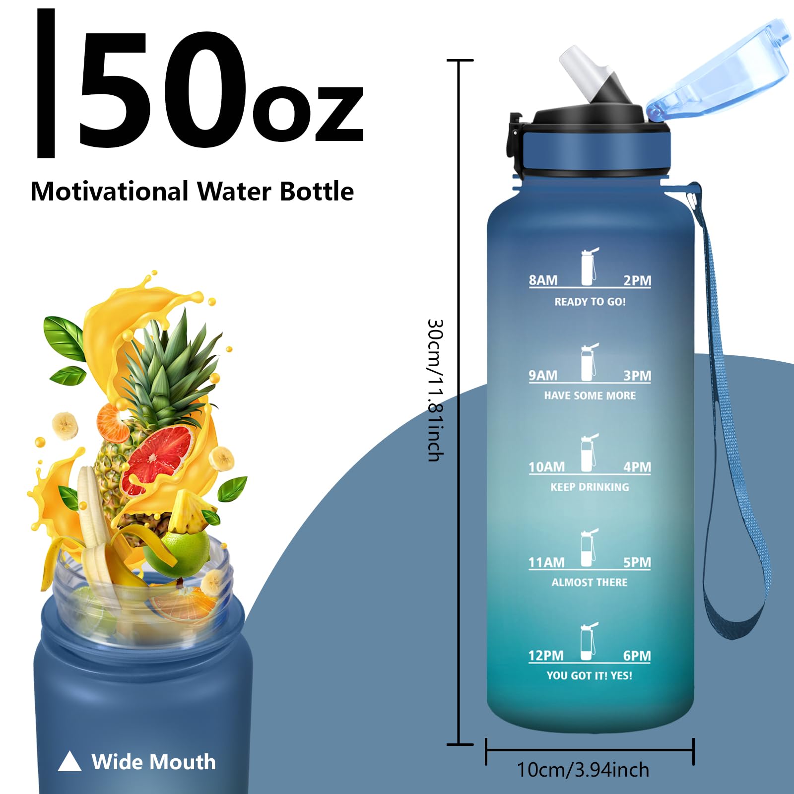 Grsta Borraccia 1,5 litri, Borracce con Cannuccia, A Prova di Perdite, Borraccia Palestra, con Indicatore del Tempo, Bottiglia Motivazionale per Fitness, Yoga, Lavoro