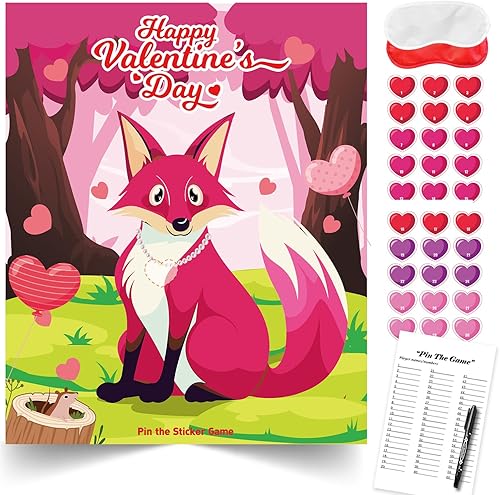 Juegos de San Valentín para niños, Pin The Heart on The Fox, juegos de fiesta del día de San Valentín para la familia, niños, suministros de fiesta