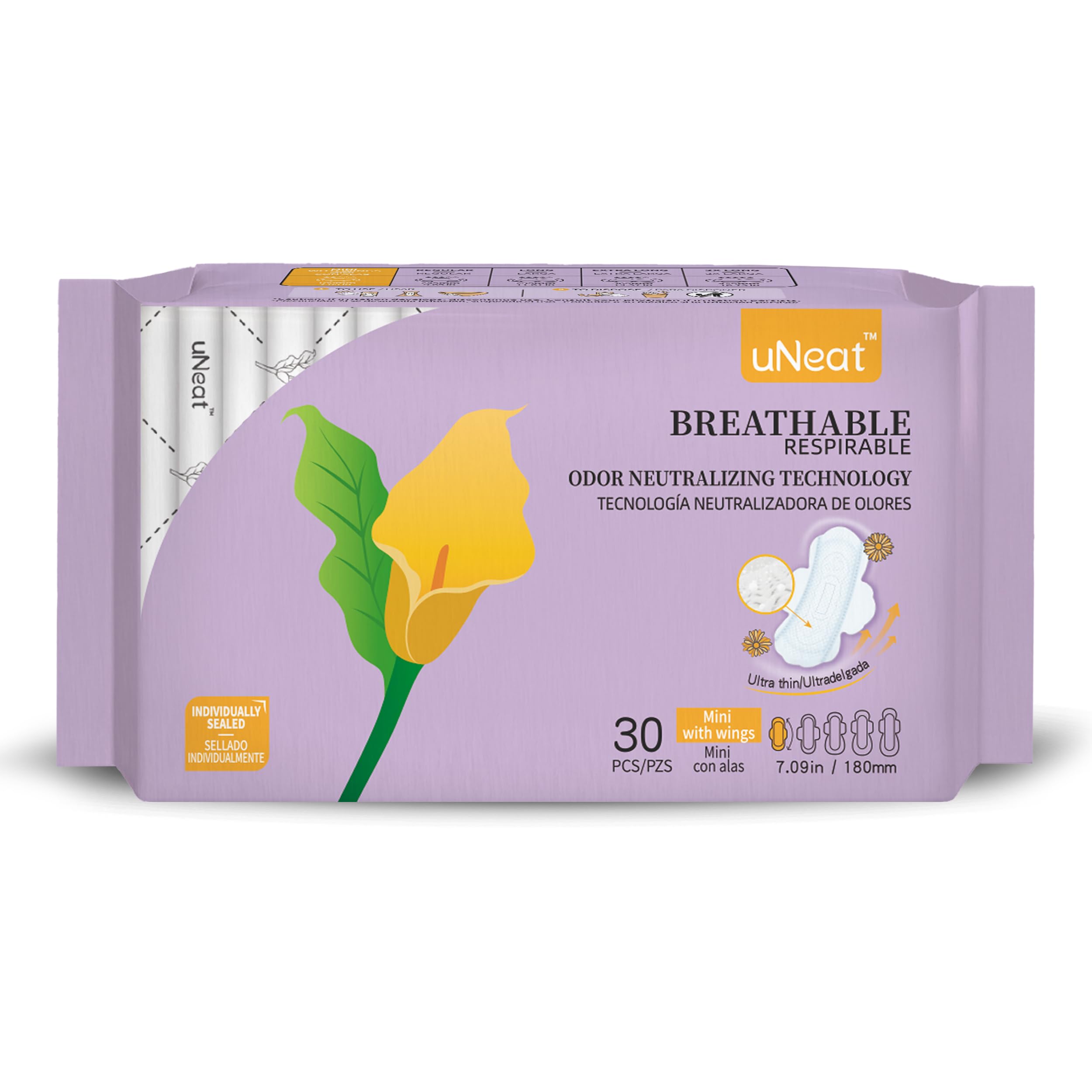 uNeat Protectores de bragas para mujeres y adolescentes, protectores con alas, mini compresas sanitarias, períodos de luz y fugas, forros diarios ultrafinos para mujeres, 30 unidades