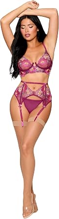 Dreamgirl Womens Dreamgirl Pink Dahlia Floral Lace Bra, Garter Belt & G-string