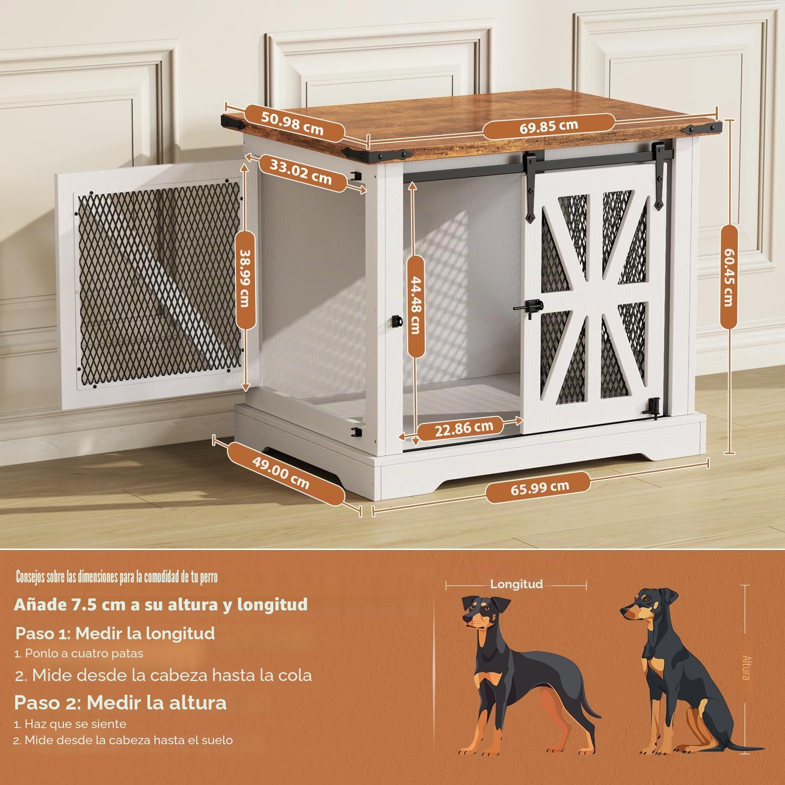 Jaula para Perros, Caja de Perro de 73 cm, Jaula para Perros de Tres Puertas para Uso Doméstico, Puerta Corredera, Casa Moderna de Madera para Perros, Cachorros, Diseño Reforzado, Blanca
