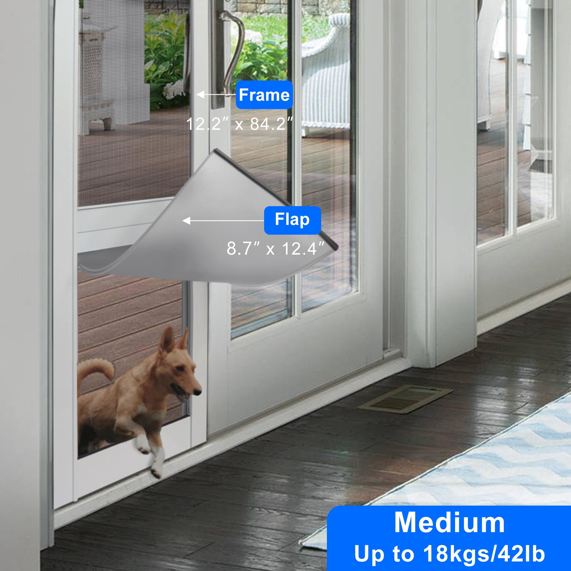 BulEsiane 1-Piece Sliding Pet Door for Dogs & Cats, Patio Pet Door Doggie Door Insert,UV Resistant Screen, No-Cut Install, Great for Renters and Seasonal Installation, Medium, White