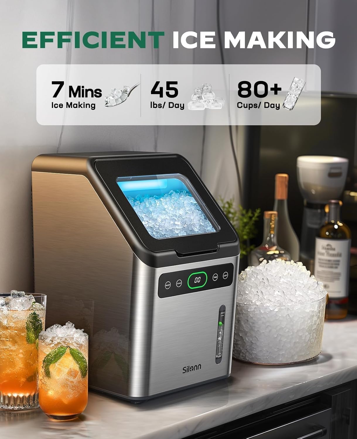 Silonn Nugget Ice Maker Countertop - 44lbs/Day Soft Chewable Pebble Ice, Self-Cleaning One-Click Operation, Stainless Steel on Fridge.com