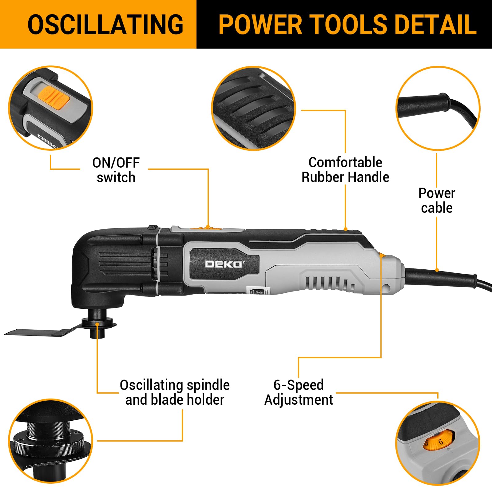 Outil Multifonction Oscillant 300W: DEKOPRO 3000-22000 RPM- Scie Oscillante Électrique Filaire, 6 Vitesses, Angle d'Oscillation 3°, pour Bois, Plastique et Métal
