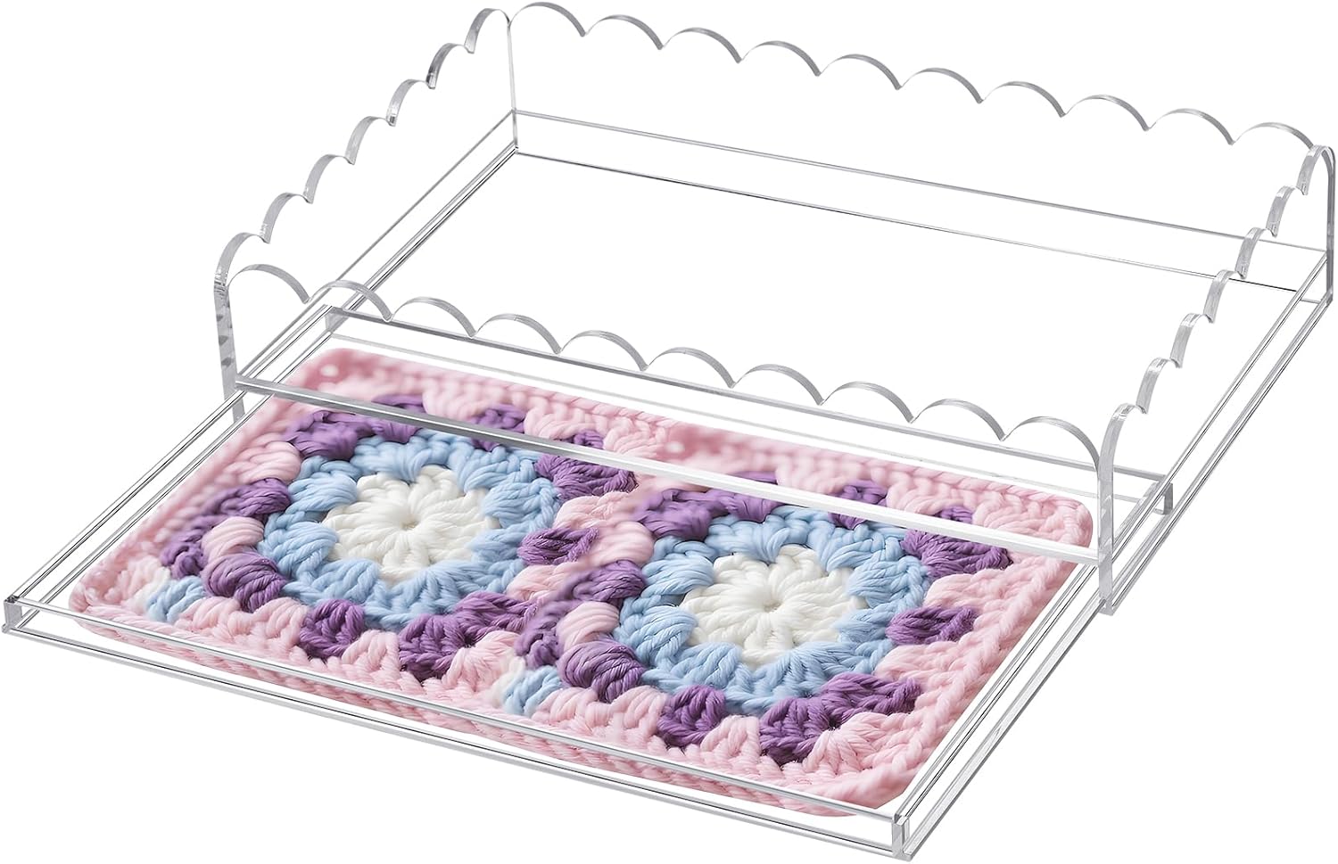 1 Pcs 12" x 8" Acrylic Scalloped Tray Large Clear Acrylic Tray with Drawer for Insert Customizable Photos, Art, and Fabric Scalloped Basket for Needlepoint Napkin Frame Display Messages