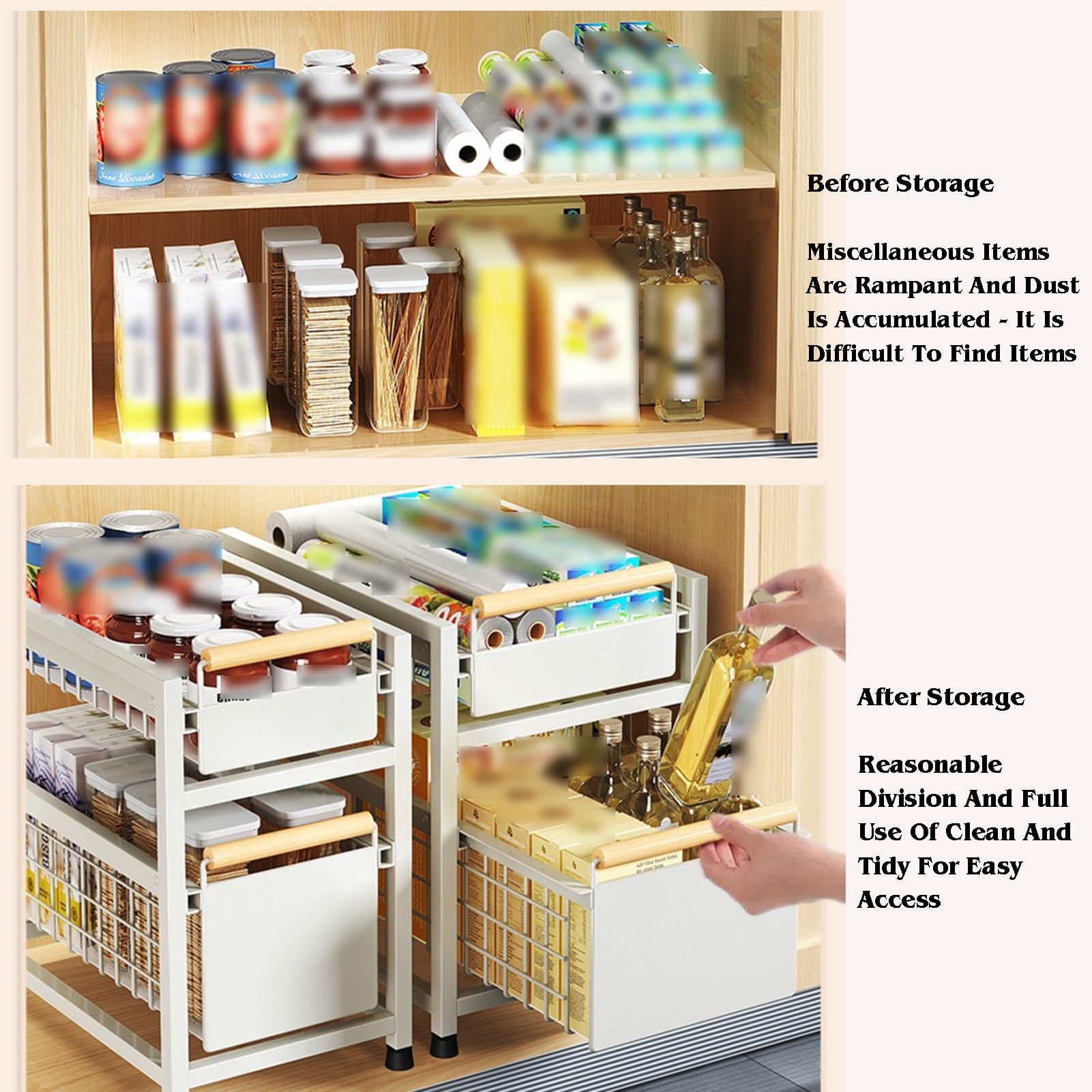Organizador deslizante de gabinete con cesta de condimentos de 2 niveles, cajón extraíble para despensa, baño, construcción de acero al carbono resistente, color gris (15.4 x 9.6 x 16.5 pulgadas)
