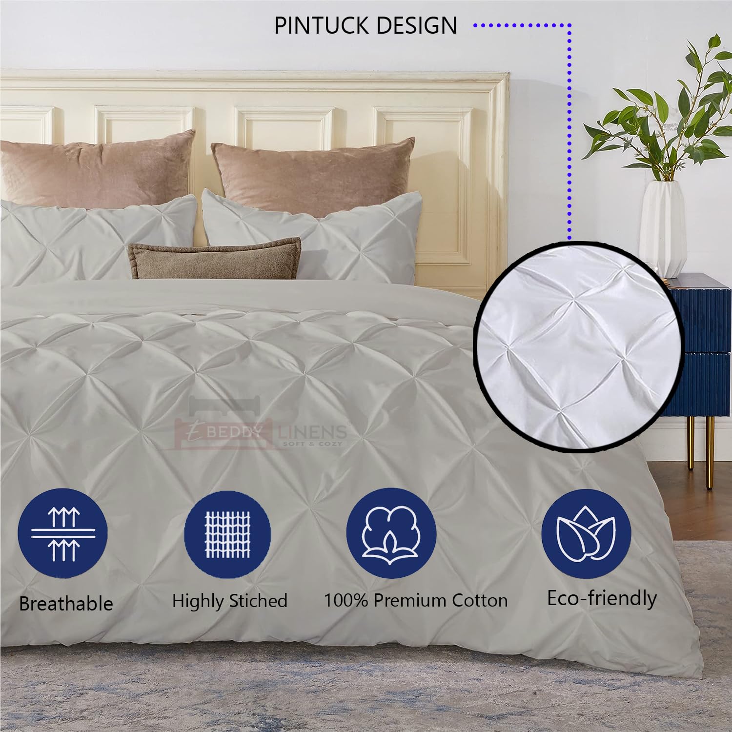 eBeddy Linens Pinch Pleated Duvet Cover Set Queen Size 90x90 Inch 100% Cotton Soft and Breathable 3 Piece Set Bedding Collection Zipper Closure & Corner Ties, Pintuck Silver Grey