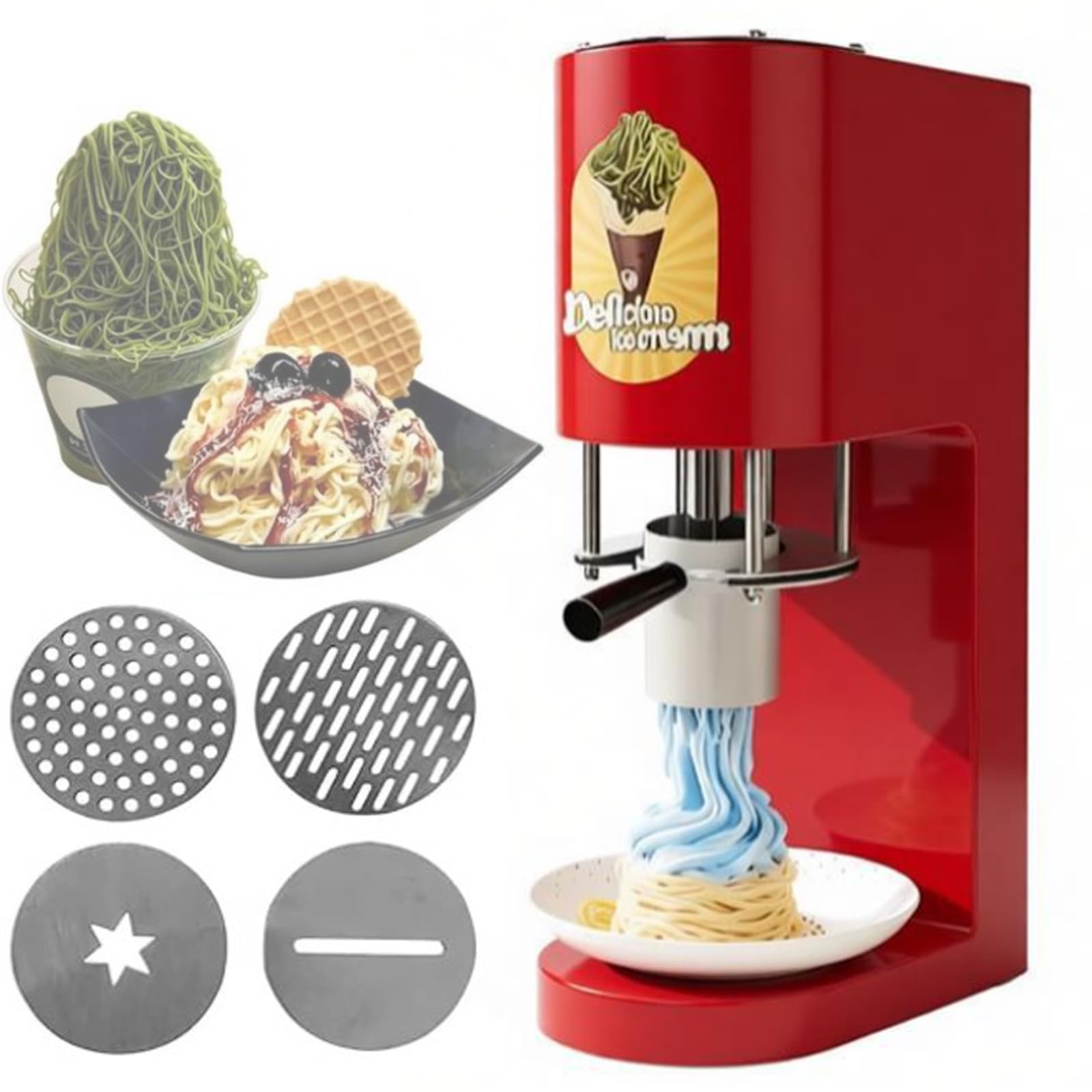 Machine à Glace « Spaghetti » Commerciale – Extrudeuse Professionnelle de Glace en Forme de vermicelles avec 4 moules interchangeables pour Restaurants, Bars, Glaciers et Food Trucks Red