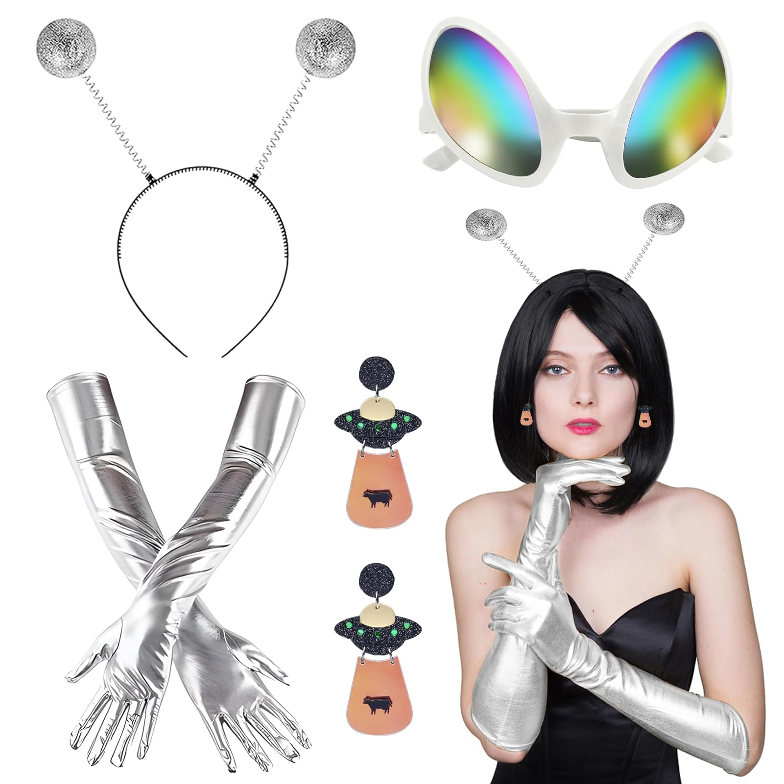 PYSEOSISE Alien Kostuum voor Dames, 6 Stuks Alien Kostuumset, Aliens Kostuumaccessoires met Haarband Bril Handschoenen Oorbellen Halsketting voor Carnaval Maskerade Feest