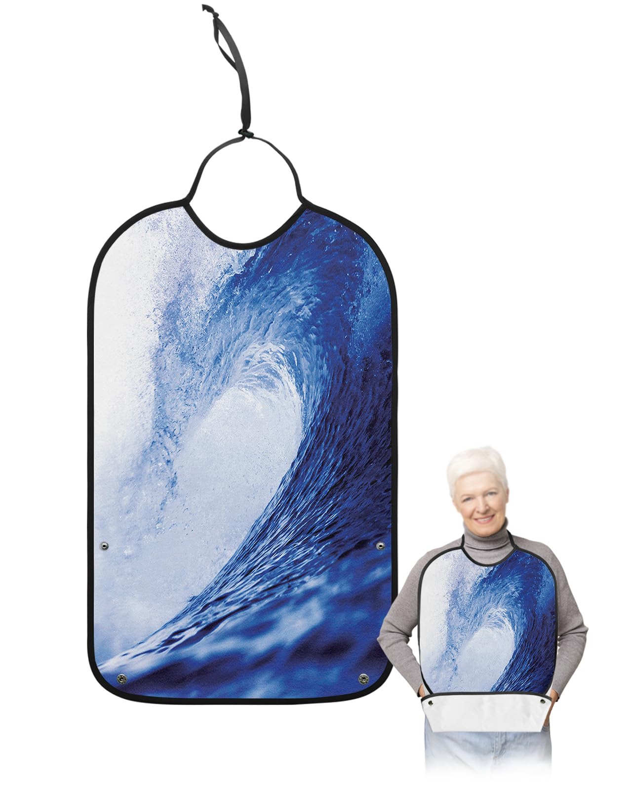 Blue Summer Beach Wave Adult Bibs for Eating, Waterproof Bibs with Food Catcher & Adjustable Snap Closure, Modern Oil Painting Abstract Art Aesthetics Clothing Protectors Adult Bibs for Elderly