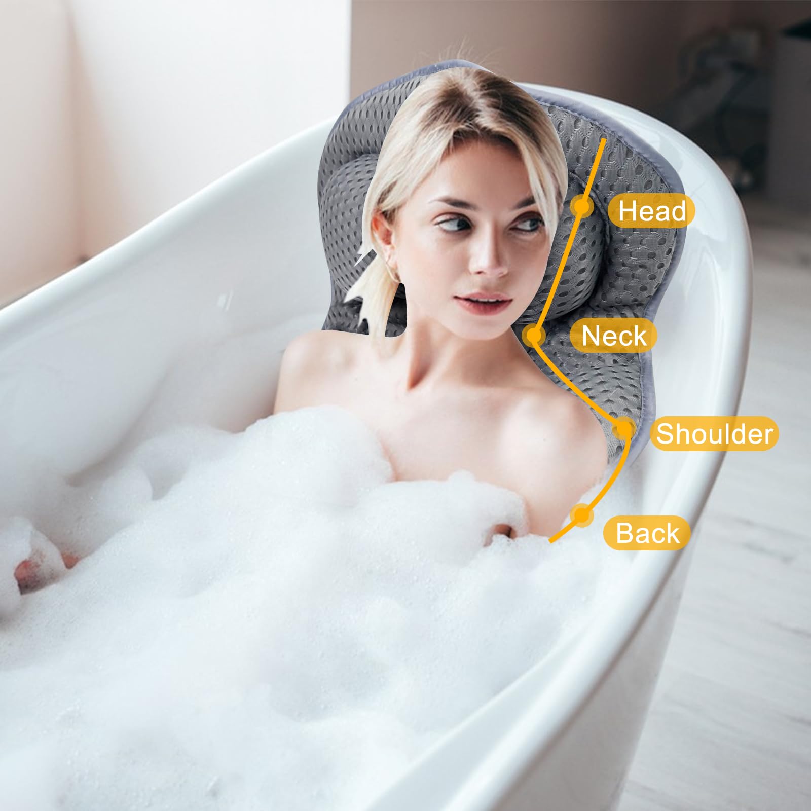 Chiluxendo Almohada Bañera, Cojin Bañera Antideslizantes, Bathtub Pillows, Almohada de Baño con Tecnología de Malla de Aire 4D y 6 Ventosas, Accesorios de Baño con Reposacabezas Ergonómicos (Gris)