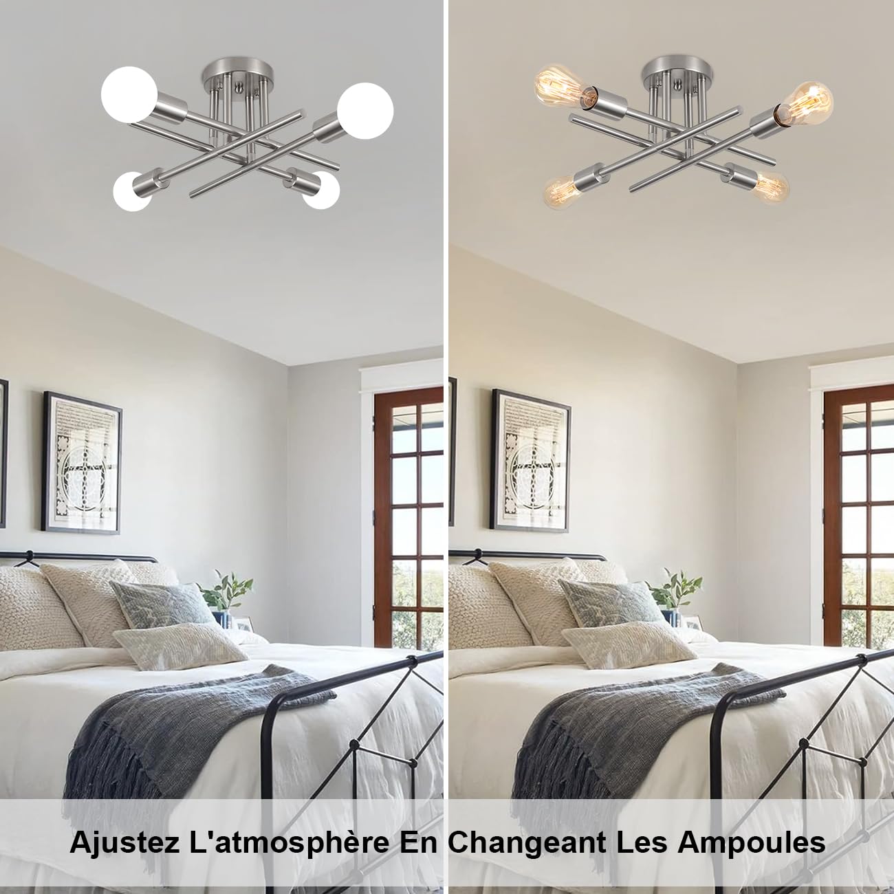 Lustre Vintage Moderne 4 Lumières Luminaire Plafonnier Industriel Argent