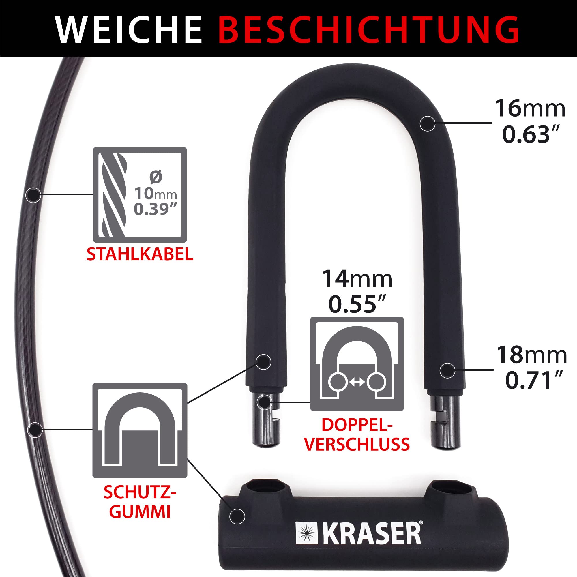 KRASER KR65145B Bügelschloss Fahrrad U Fahrradschloss Universal Hohe Sicherheit + Stahl Kabelschloss 120cm + Halterung