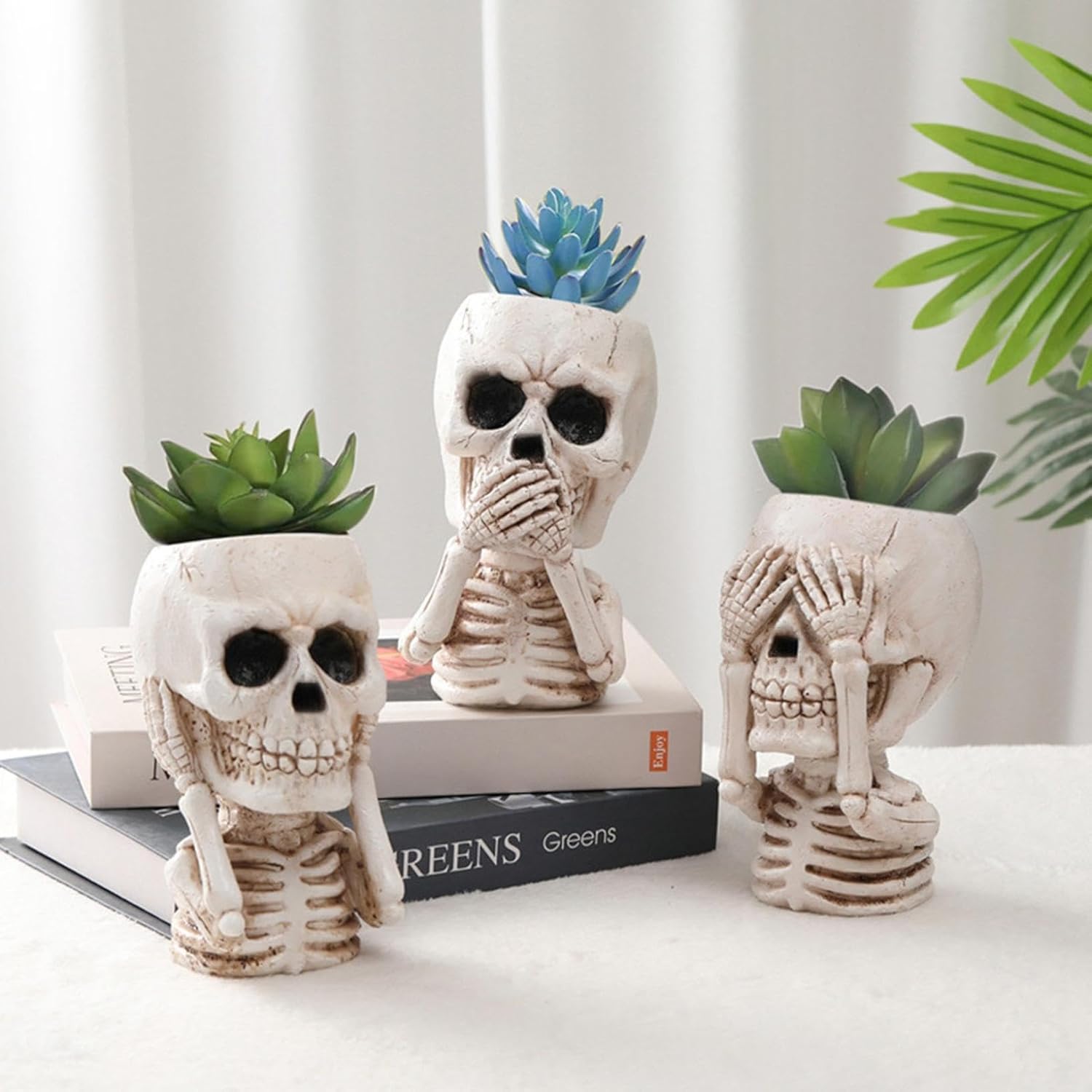 JOYO Halloween Planter Pot Decor - Skeleton Flower Planter Pot,Pumpkin Bucket Vase,Cute Skull Bucket Vase,Skull Candy Bowl Gothic Ornaments for Home Indoor Outdoor Garden (3PC Cute Skull)
