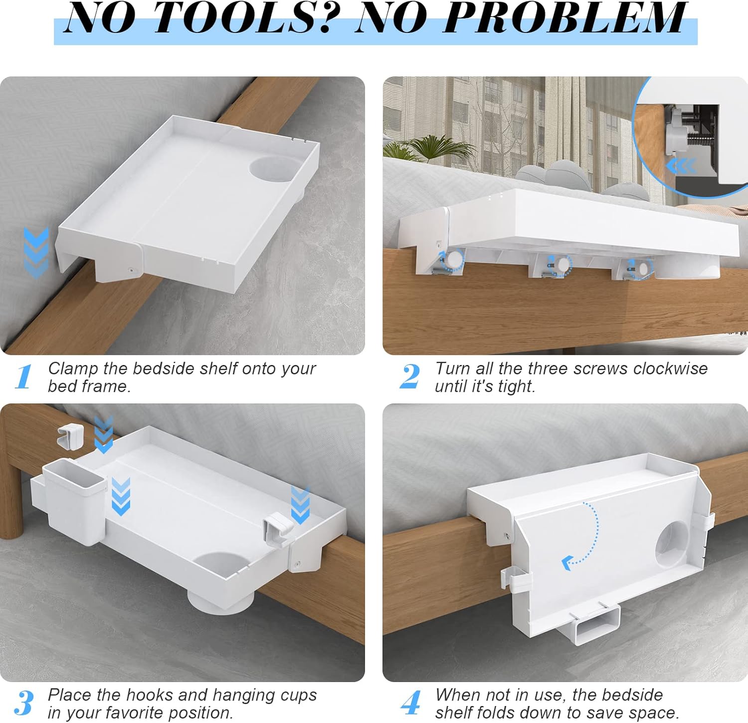 Ronlap Folding Bedside Shelf, Bunk Bed Shelf Organizer for Top Bunk Dorm Clip On Nightstand for College Dorm Loft Bed with Cup Holder Hooks Hanging Cup Plastic Bedside Shelf Tray for Kids, White : Home & Kitchen