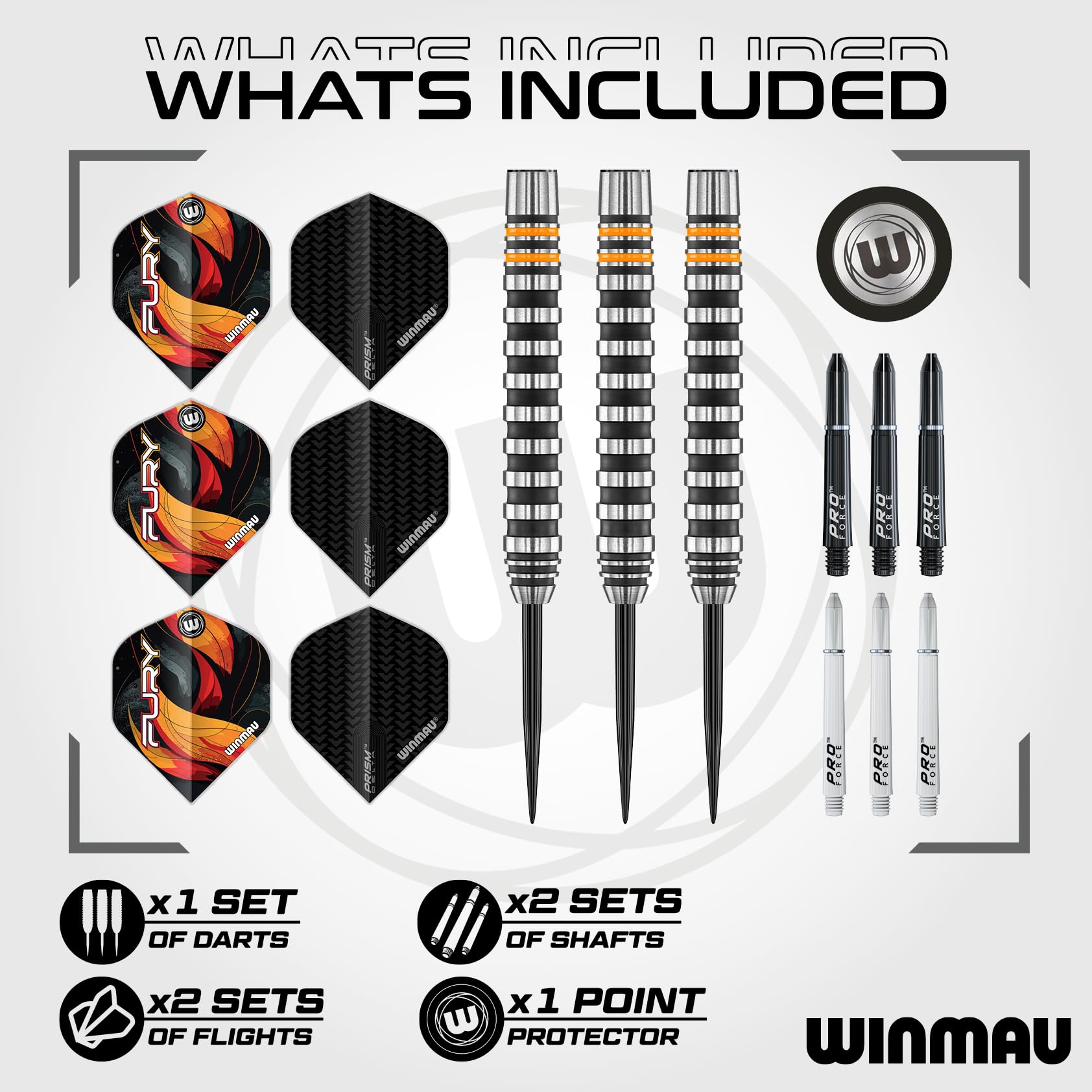 WINMAU Fury 22-28 gramów rzutki wolframowe z lotkami pryzmatycznymi i trzonkami Vecta (łodygi)