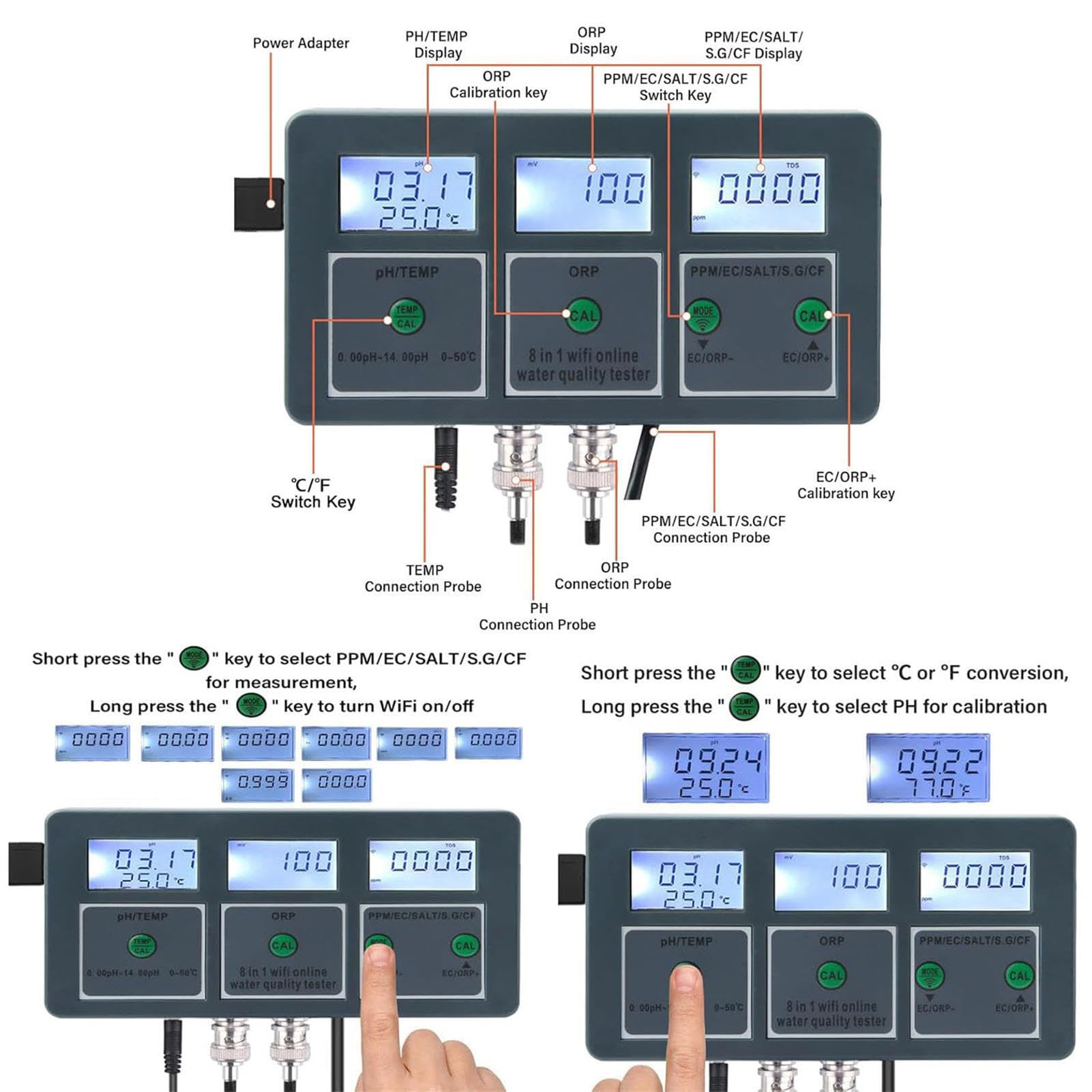 Rilevatore di qualità Acqua 8 in 1, WiFi Smart Water Quality Monitor per l'acquario Test idroponico dello Stagno del Giardino per la qualità dell'Acqua Potabile