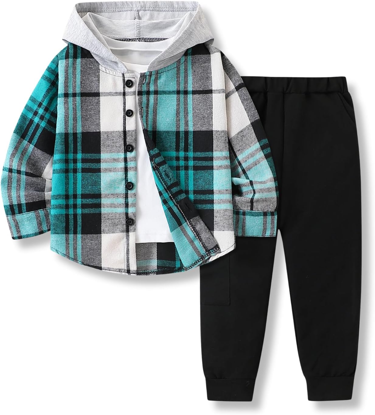 Toddler Boys Clothes 2 Piece Sweatsuit Set Flannel Plaid Shirt Hooded and Pants for Fall Winter 2-6Years