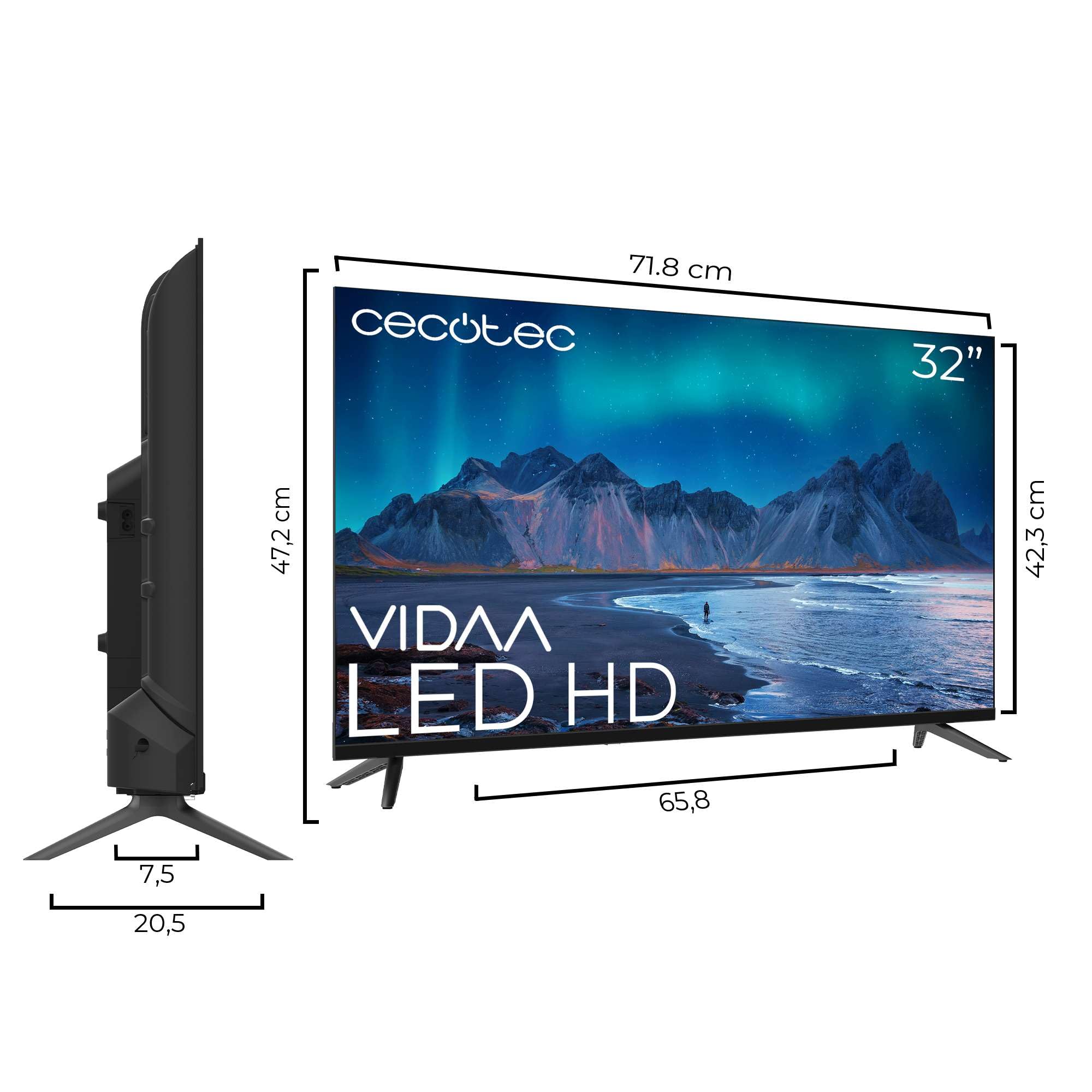 Cecotec Smart TV - TV LED 32 Pouces Résolution HD - Série A5 ALH50032. Smart TV VIDAA, système Audio Dolby, WiFi intégré, Sortie Casque, Chromecast, 3 HDMI et 2 USB