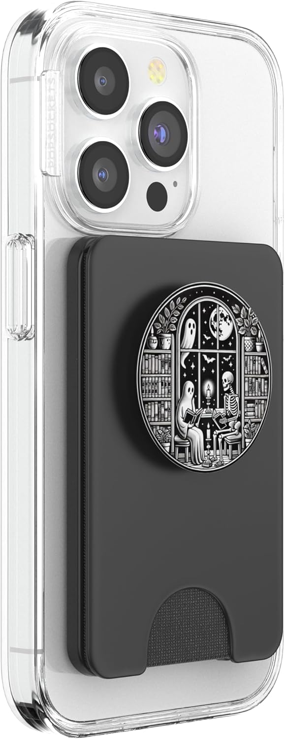 Retro Spooky Bookish Halloween Skeleton Ghost Bookworm Gifts PopSockets PopWallet for MagSafe