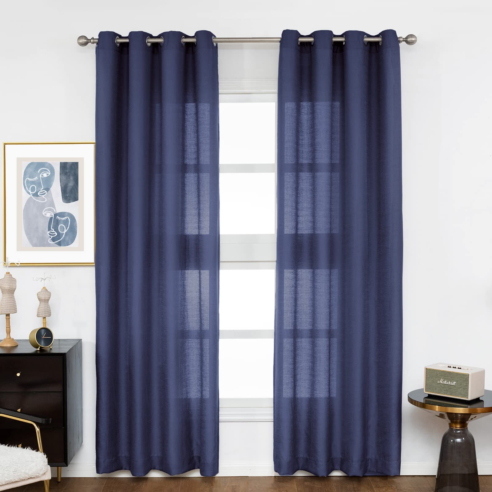 Melodieux Lot de 2 Rideaux Semi-Transparents en Lin avec œillets pour Salon, Chambre à Coucher, 132,1 x 243,8 cm, Bleu Marine