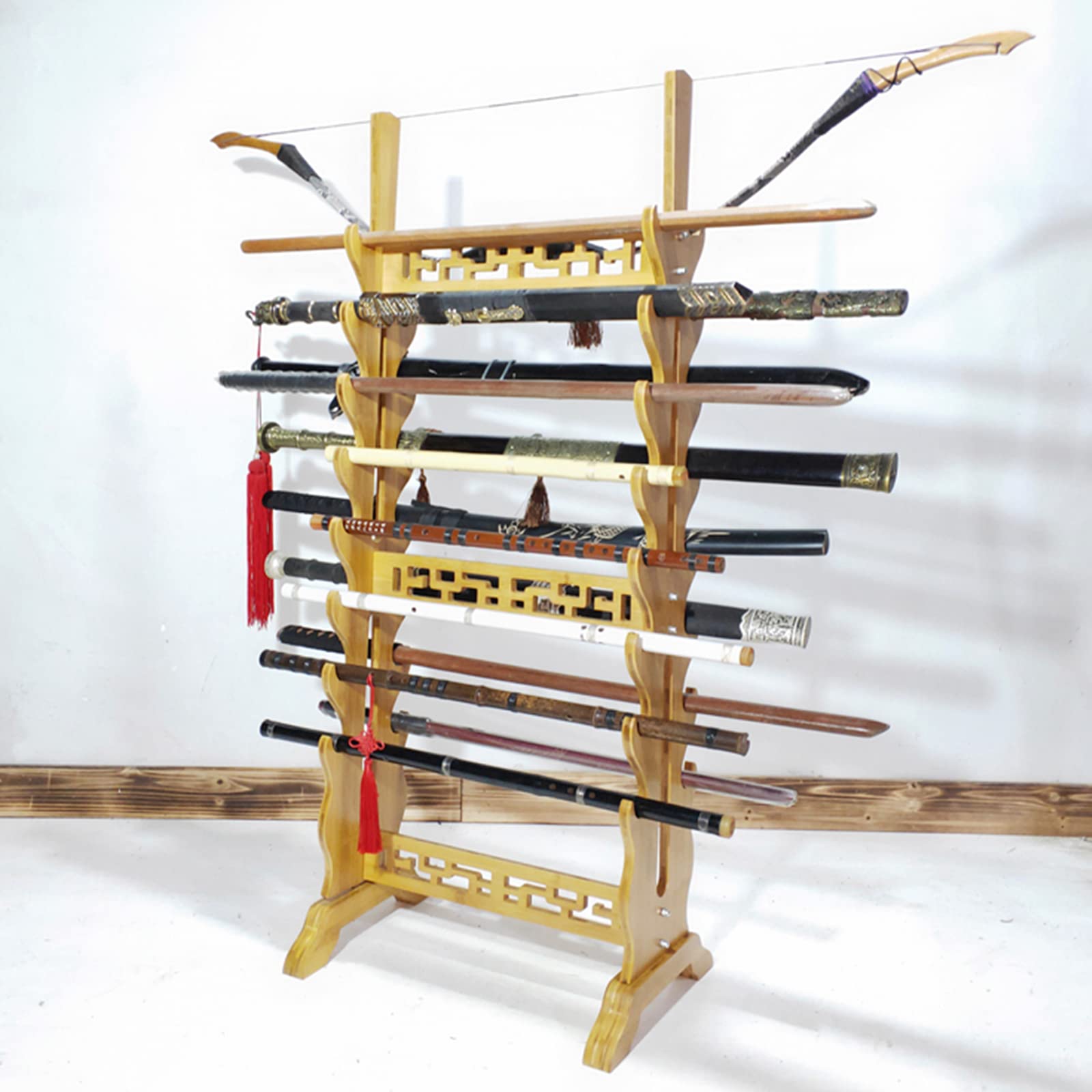 LVSEWOA Floor Standing Sword Display Stand, Vertical Holder for Martial Arts and Long Weapons, Sturdy Shelves for Storing Various Swords