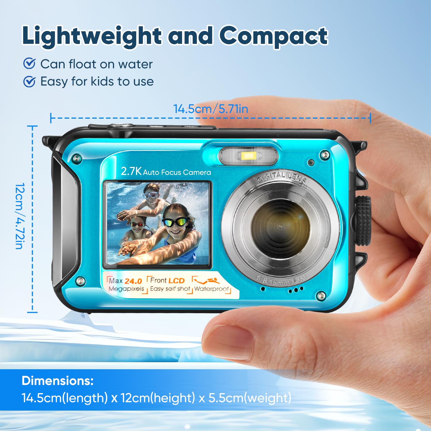 Cámara submarina, Full HD 2.7K 24MP impermeable, cámara compacta impermeable de 10 pies, zoom digital 16x, cámara digital antitemblor para niños, adolescentes, principiantes