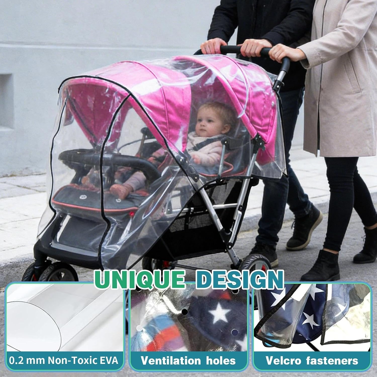 Weather Shield Double Stroller Rain Cover Twin Tandem Universal Size Baby Toddler Wind Shield Deal Popular Accessories Waterproof Windproof Travel Insect Protector (QH)
