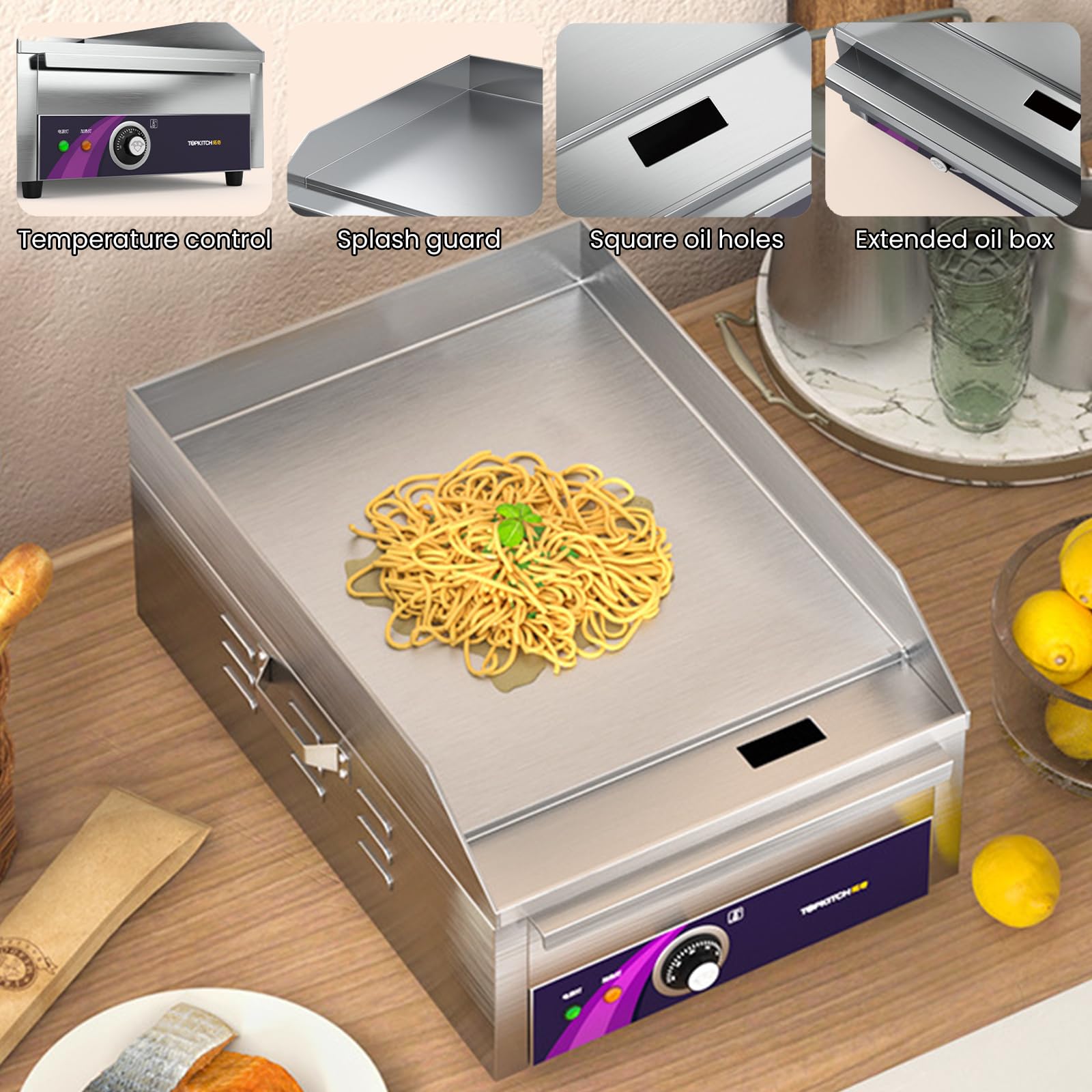 Piastra Elettrica Griglia Commerciale 13,7" con Manico, Piastra Liscia Elettrica da Banco 2500W Piastra Cottura Teppanyaki in Acciaio Inox per Cucina Temperature 50-300℃