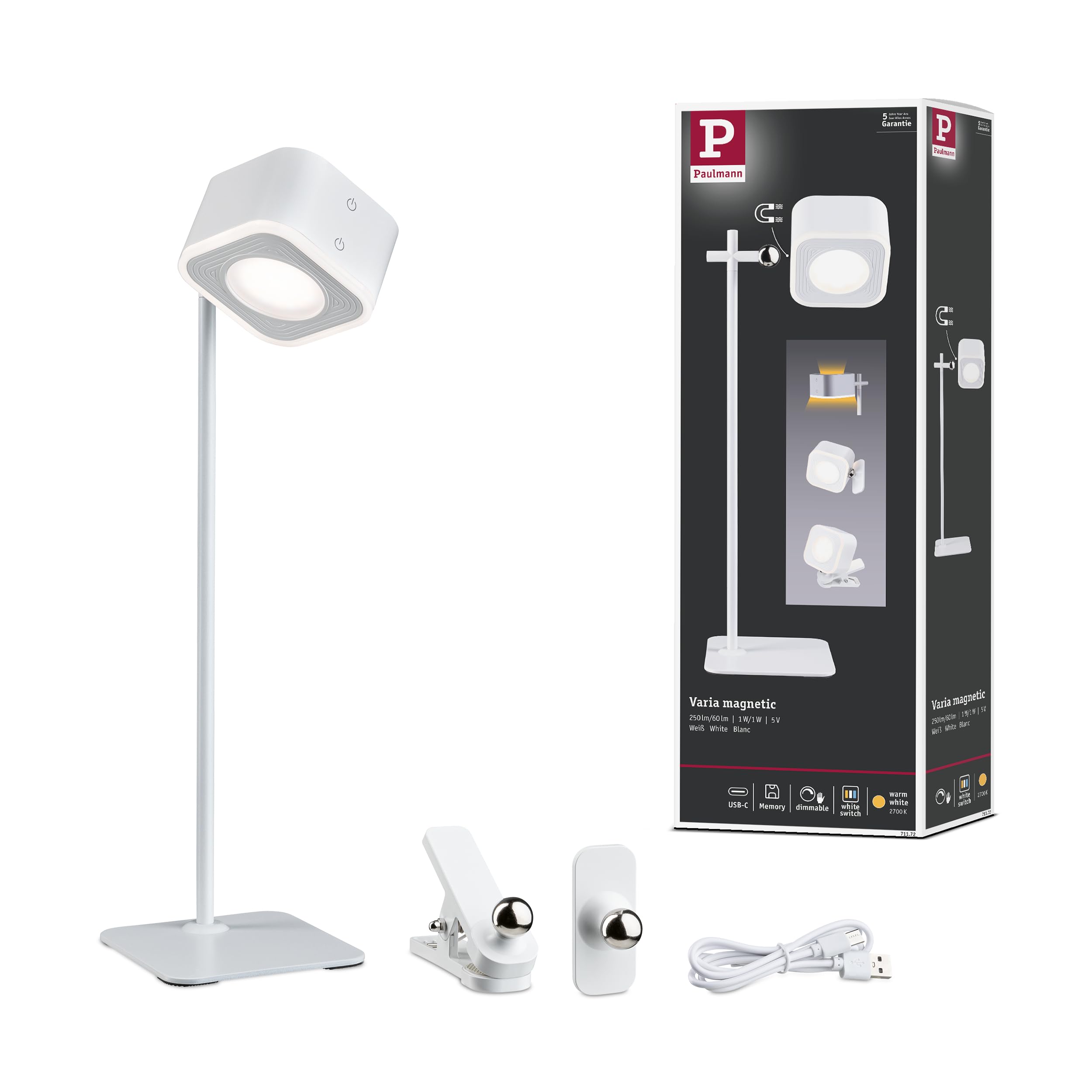 Paulmann Lamp à pos mob Varia magnetic 3in1 LED WhiteSw dim 3W USBC Blanc Pla Métal 71172