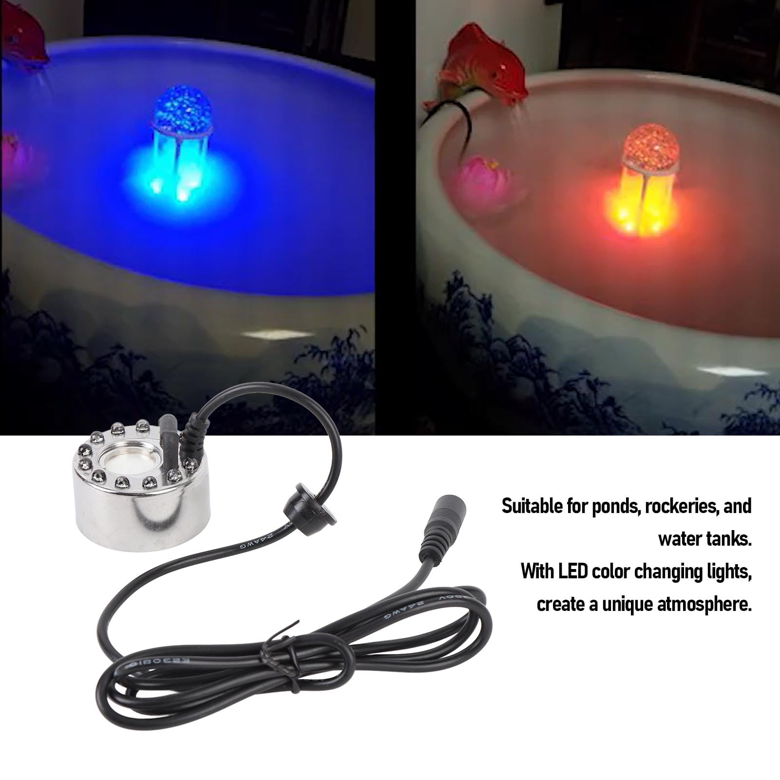 Asixxsix Mist Maker,Fogger Water Fountain Pond Fog Machine Atomizer Humidifier with 12 LED Light Color Change for Office Home Room Car, Black, for Halloween Party, Rockery Fish (US Plug)