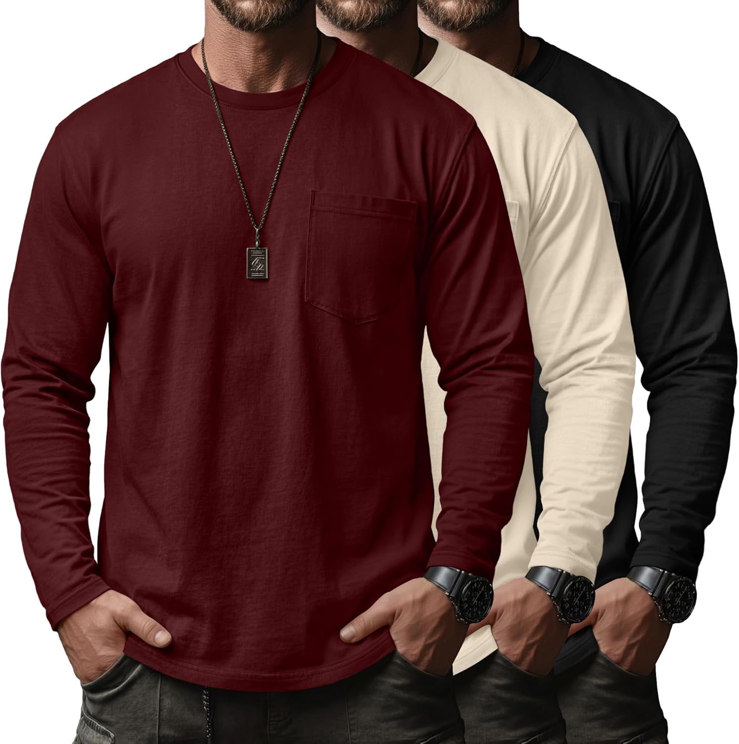 Huukeay 3 Pack Men’s Big and Tall Shirts, Long Sleeve Crew Neck Pocket Tops Casual Loose Fit T-Shirts Lightweight Basic Tee