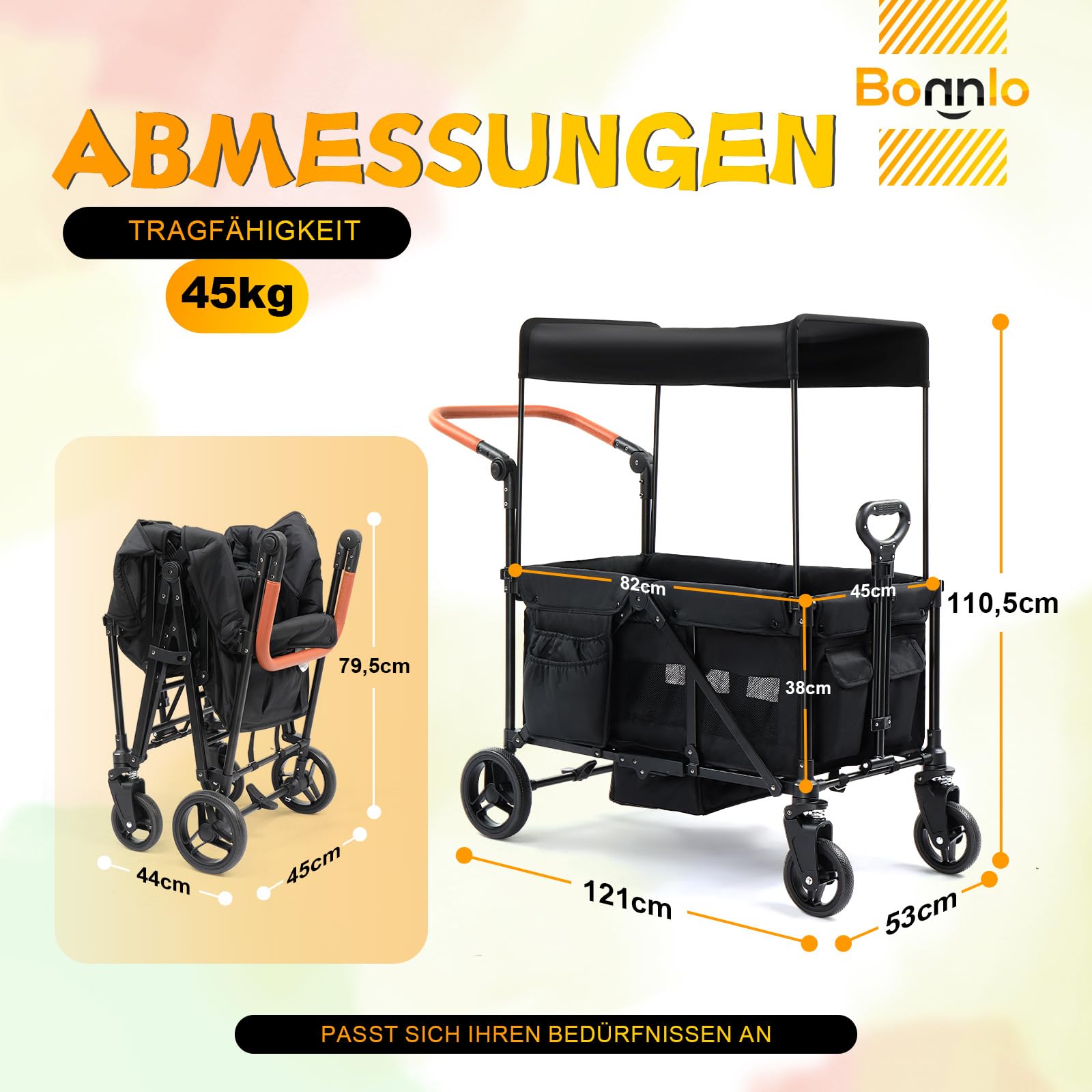 Bonnlo Bollerwagen Faltbar Kinder mit Dach, Doppel-Kinderwagen 121x53x110,5 cm, All-Terrain-Räder, 360° Vorderräder mit Federung, Fußbremse, 5-Punkt-Gurt, abnehmbares Sonnendach UV-Schutz, Schwarz