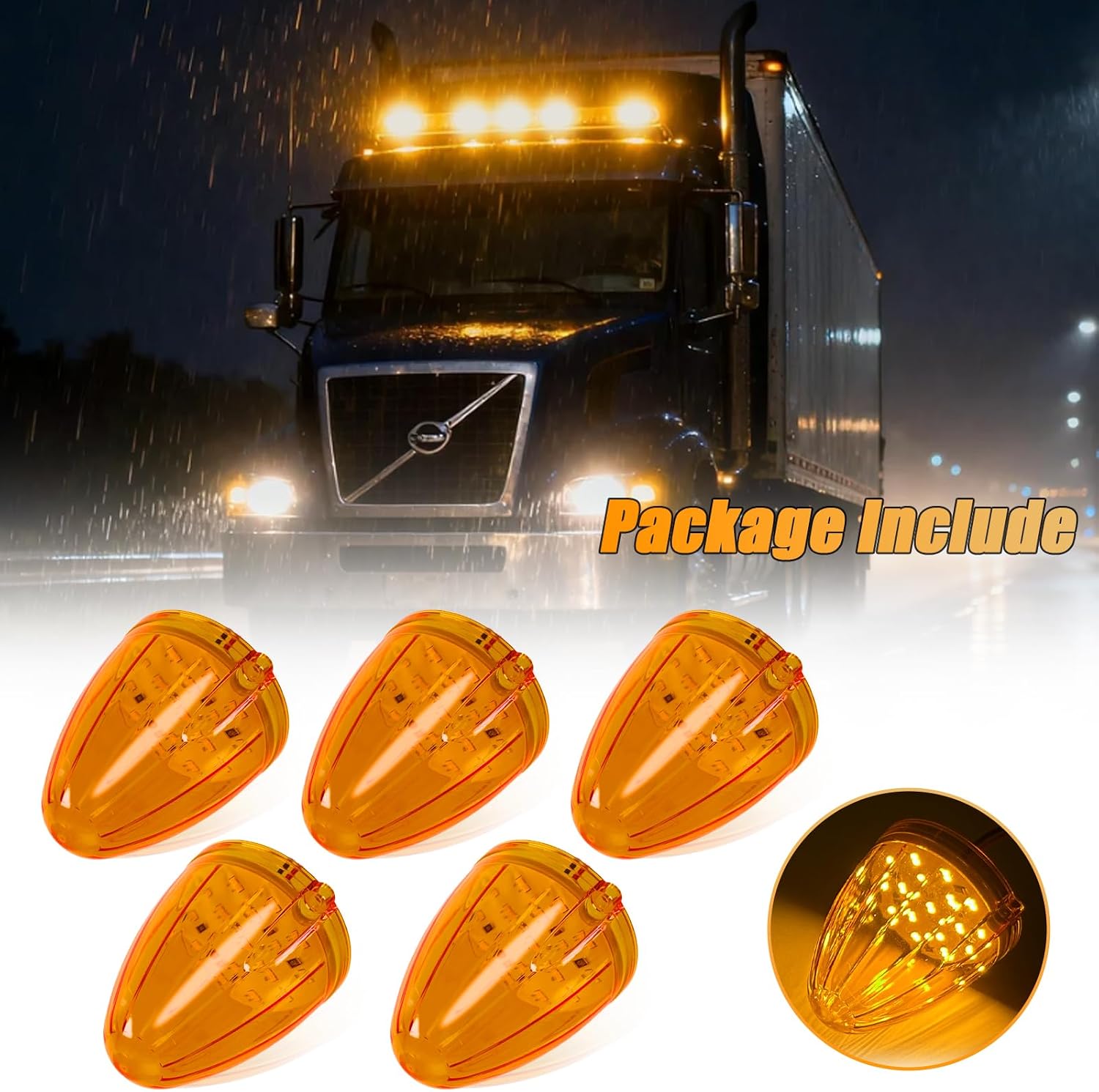 5 PCS 17 LED Cab Roof Marker Light, Amber Waterproof Clearance Running Signal Light Compatible with Kenworth Peterbilt Freightliner Mack Heavy Duty Trucks